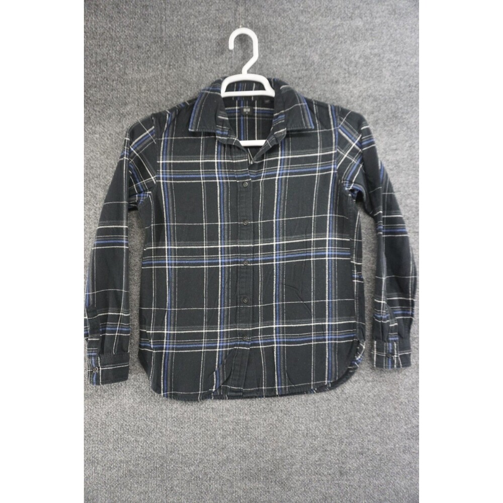Uniqlo Flannel Shirt Womens XS Black Plaid Button Up Long Sleeve Cotton
